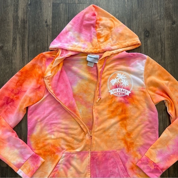 Girls Six Flags Tie Dye Orange Pink Hooded Drawstring Sweatshirt Size L - Picture 4 of 9